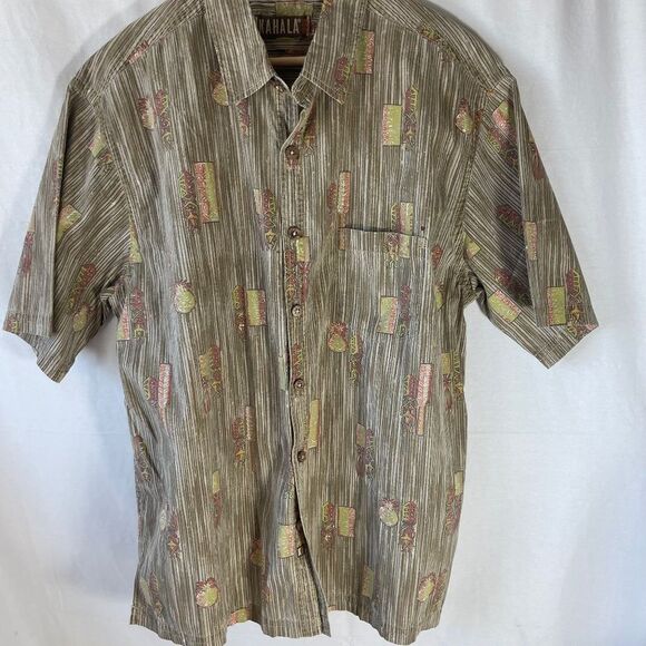 Kahala 1936 Tan/BrownTropical Stripe Print Casual Button Down Shirt Sz  … - Picture 1 of 7
